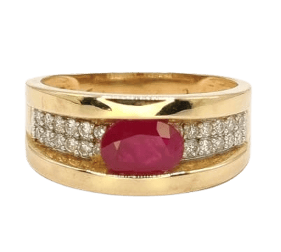 Bague 55 Bague bandeau en or jaune 18K avec rubis ovale et diamants 58 Facettes