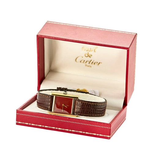 Montre Cartier Tank Must - Montre en argent 925 plaqué or cadran laqué rouge 58 Facettes