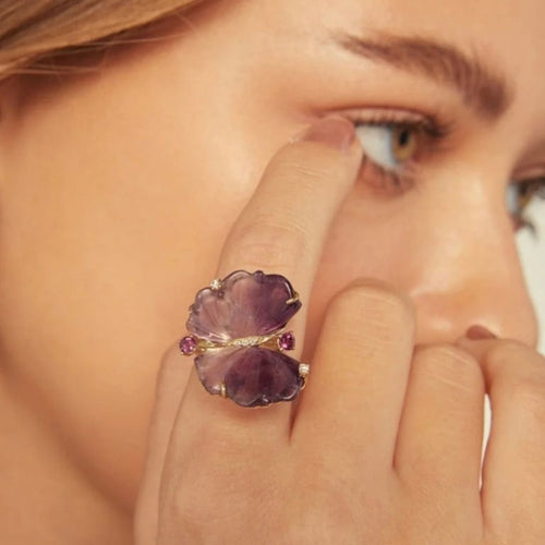 Bague 54 Papillon - Bague en or jaune 18 carats, améthystes et diamants 58 Facettes CHT-BUTT-RI-AMDI