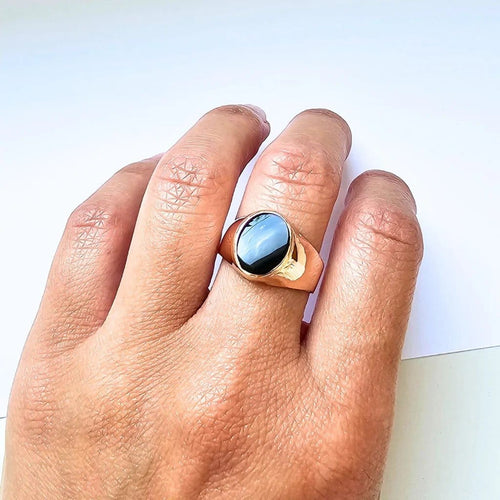 Bague 59 Chevalière ovale en or rouge 18 carats et onyx noir 58 Facettes EPO-RI-CHE-OV-RG