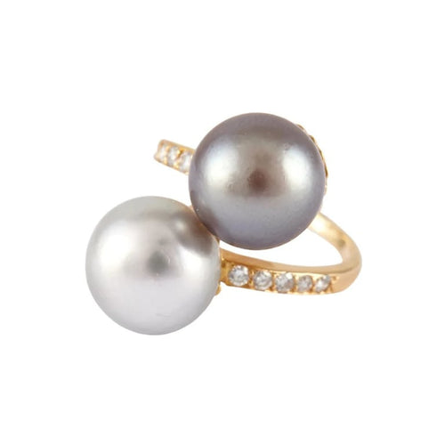 Bague 52 Bague Toi & Moi en or jaune 750 avec perles et diamants 58 Facettes