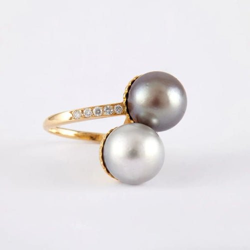 Bague 52 Bague Toi & Moi en or jaune 750 avec perles et diamants 58 Facettes