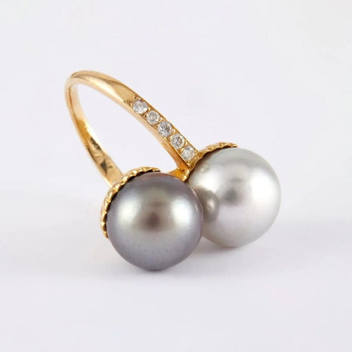 Bague 52 Bague Toi & Moi en or jaune 750 avec perles et diamants 58 Facettes