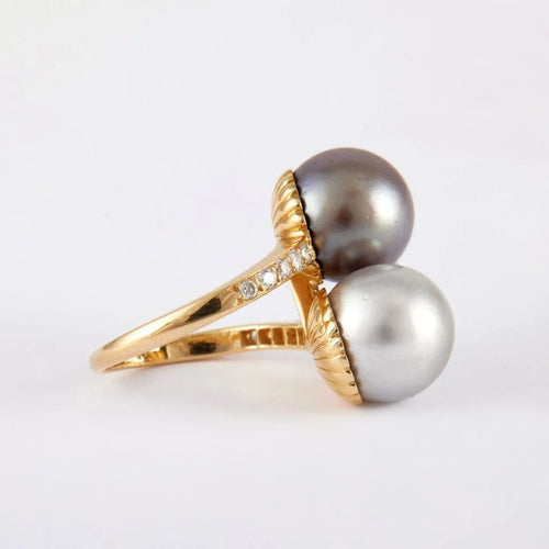 Bague 52 Bague Toi & Moi en or jaune 750 avec perles et diamants 58 Facettes