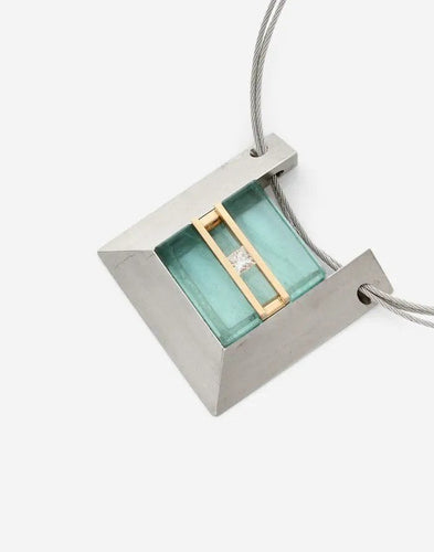 Collier Collier d'artiste signé - Pendentif en platine et or jaune, aigue-marine et diamant 58 Facettes