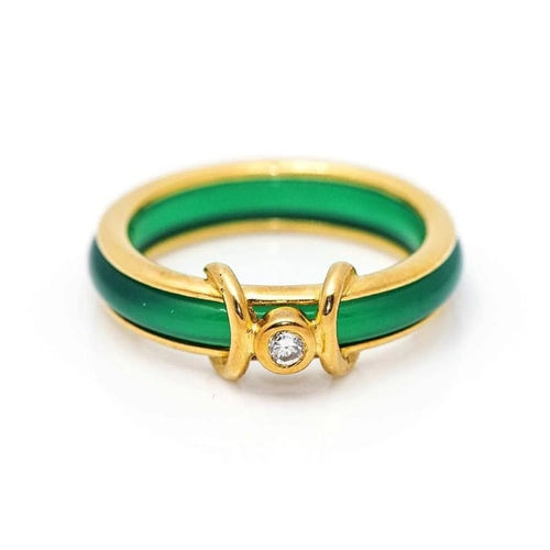Bague 53 Bague en or jaune 18 carats avec chrysoprase et diamant 58 Facettes D359895JC
