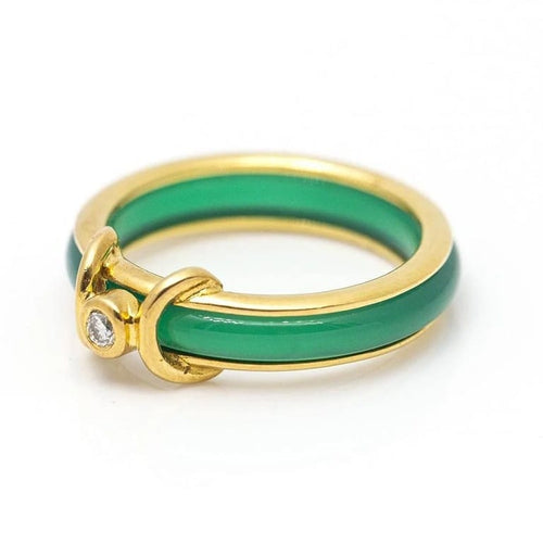 Bague 53 Bague en or jaune 18 carats avec chrysoprase et diamant 58 Facettes D359895JC