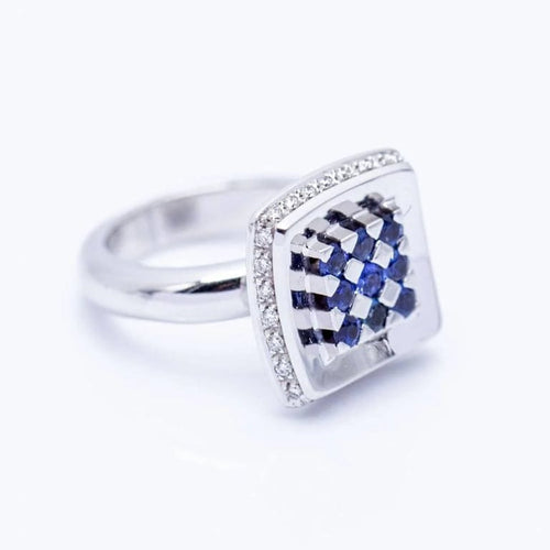 Bague 52 Bague carrée en or blanc 18 ct avec diamants et saphirs 58 Facettes N102919EJ