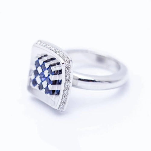 Bague 52 Bague carrée en or blanc 18 ct avec diamants et saphirs 58 Facettes N102919EJ