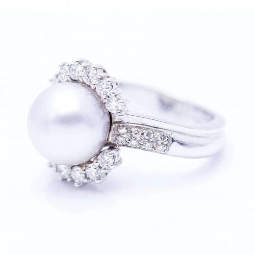 Bague 53 Bague en or blanc 18 ct avec perle de culture et diamants 58 Facettes N102930EJ