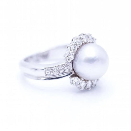 Bague 53 Bague en or blanc 18 ct avec perle de culture et diamants 58 Facettes N102930EJ