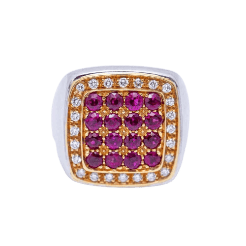Bague 53 Bague unisexe carrée en or jaune 18 ct, diamants et rubis 58 Facettes N102920EJ