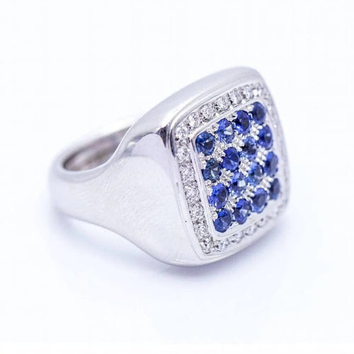 Bague 53 Bague unisexe en or blanc 18 kt avec diamants et saphirs 58 Facettes N102921EJ
