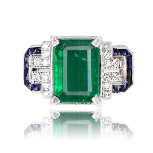 Bague 53 Bague Art déco en or blanc avec émeraude, diamants et saphirs 58 Facettes 25-137