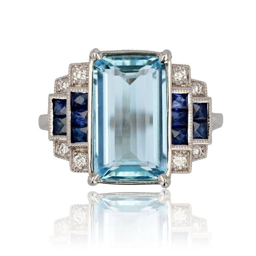 Bague 53 Bague Art déco en or blanc 18 carats avec aigue-marine, saphirs et diamants 58 Facettes 24-183