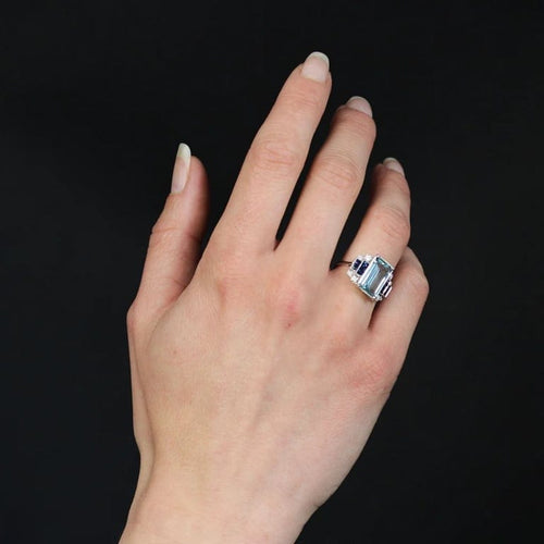 Bague 53 Bague Art déco en or blanc 18 carats avec aigue-marine, saphirs et diamants 58 Facettes 24-183