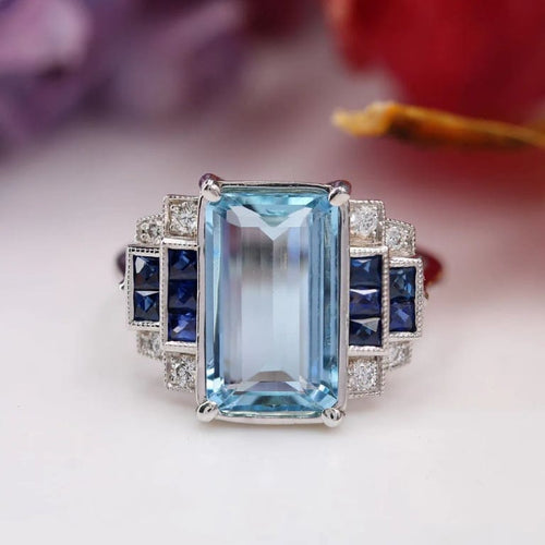 Bague 53 Bague Art déco en or blanc 18 carats avec aigue-marine, saphirs et diamants 58 Facettes 24-183
