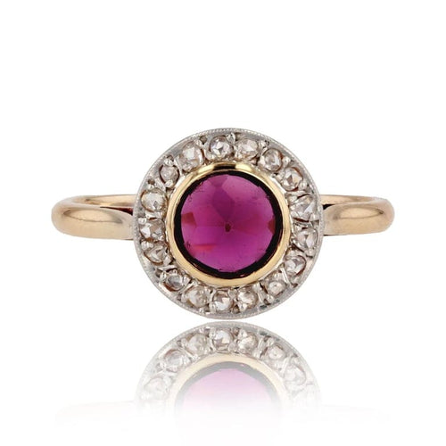 Bague 56 Bague ancienne ronde en or jaune 18 carats, platine, grenat et diamants 58 Facettes 23-008