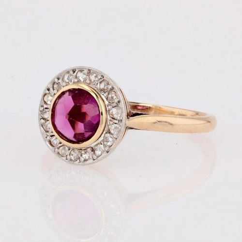 Bague 56 Bague ancienne ronde en or jaune 18 carats, platine, grenat et diamants 58 Facettes 23-008