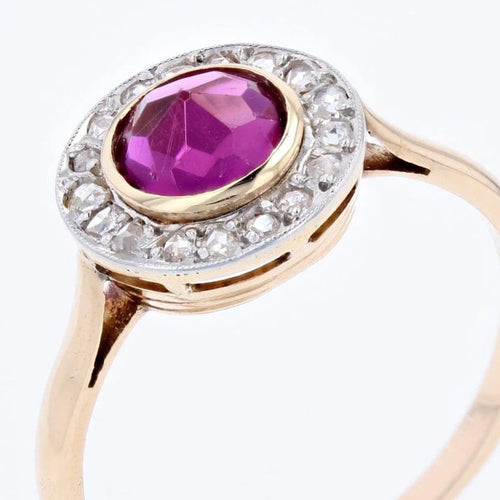 Bague 56 Bague ancienne ronde en or jaune 18 carats, platine, grenat et diamants 58 Facettes 23-008