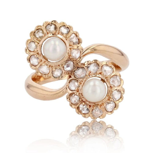Bague 54 Bague Toi et Moi marguerites en or rose avec perles et diamants 58 Facettes 22-107