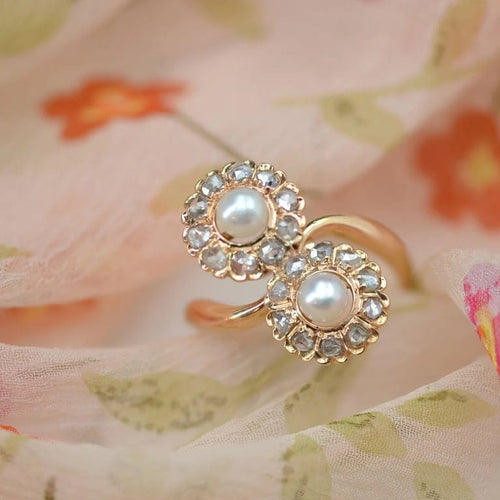 Bague 54 Bague Toi et Moi marguerites en or rose avec perles et diamants 58 Facettes 22-107