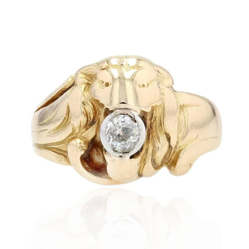 Bague 52 Bague ancienne tête de lion en or jaune 18 carats et diamant 58 Facettes 22-351