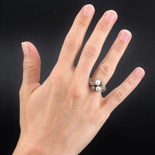 Bague 52 Bague toi et moi ancienne en or rose avec perles et diamants 58 Facettes 22-340