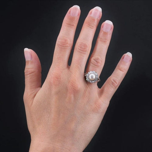Bague 55 Bague marguerite ancienne perle fine et diamants en or rose 58 Facettes 19-642