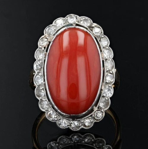 Bague 53 Bague Pompadour ancienne en or jaune 18 carats, platine, corail et diamants 58 Facettes 22-284