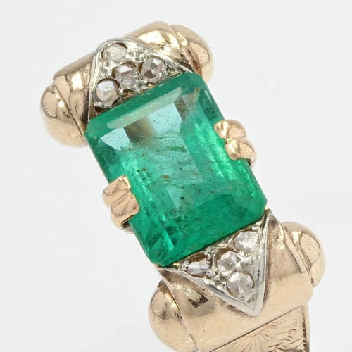 Bague 54 Bague Art déco en or rose avec émeraude et diamants 58 Facettes 21-549