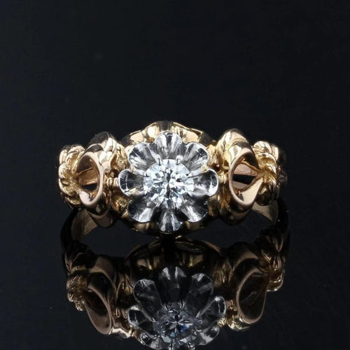 Bague 54 Bague solitaire rétro en or jaune 18 carats et platine, diamant 58 Facettes 21-340A