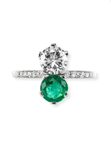 Bague 56 Bague toi et moi en platine avec émeraude et diamants 58 Facettes 19-438-51