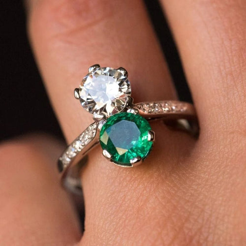 Bague 56 Bague toi et moi en platine avec émeraude et diamants 58 Facettes 19-438-51
