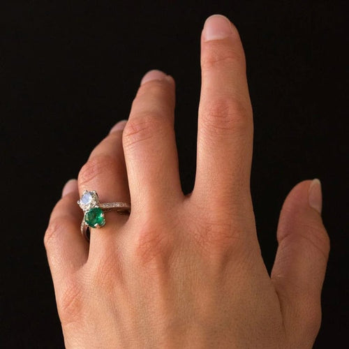 Bague 56 Bague toi et moi en platine avec émeraude et diamants 58 Facettes 19-438-51