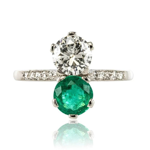 Bague 56 Bague toi et moi en platine avec émeraude et diamants 58 Facettes 19-438-51