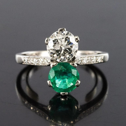 Bague 56 Bague toi et moi en platine avec émeraude et diamants 58 Facettes 19-438-51