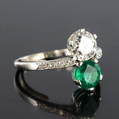 Bague 56 Bague toi et moi en platine avec émeraude et diamants 58 Facettes 19-438-51