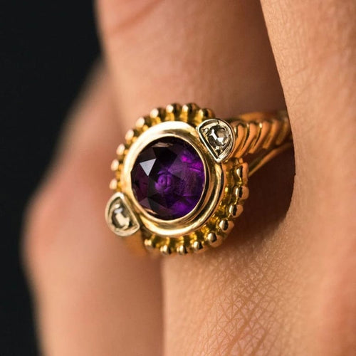 Bague 47 Bague ancienne en or jaune 18 carats avec améthyste et diamants 58 Facettes 19-431-54