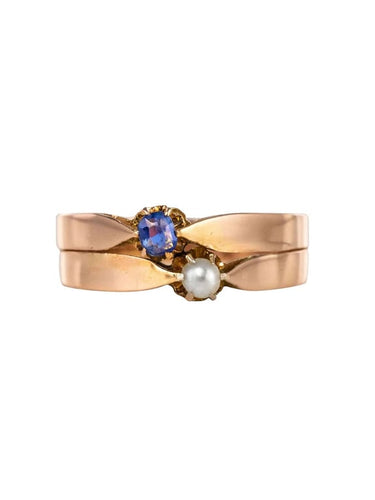 Bague 58 Bague toi et moi ancienne en or rose 18 ct, perle fine et saphir 58 Facettes 20-232-56
