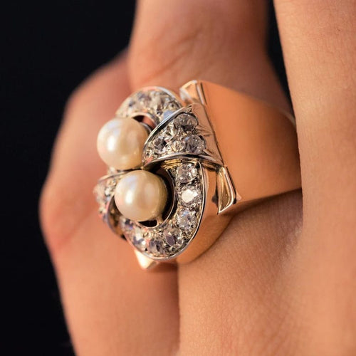 Bague 57 Bague tank rétro en or rose 18 carats, platine, perles et diamants 58 Facettes 20-117-52