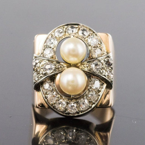 Bague 57 Bague tank rétro en or rose 18 carats, platine, perles et diamants 58 Facettes 20-117-52