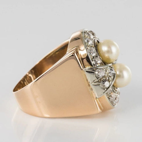 Bague 57 Bague tank rétro en or rose 18 carats, platine, perles et diamants 58 Facettes 20-117-52
