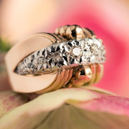 Bague 52 Bague rétro ancienne en or jaune 18 carats, platine et diamants 58 Facettes 20-316-48