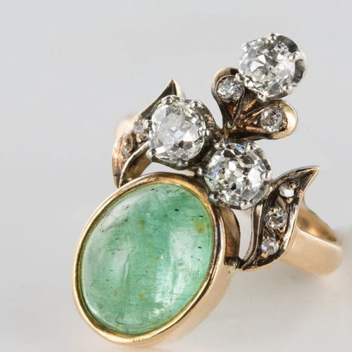 Bague 52 Bague duchesse - Bague en or jaune 18 carats émeraude cabochon et diamants 58 Facettes 19-049-50