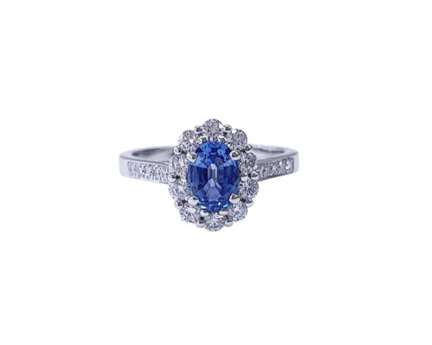 Bague 55 Bague marguerite saphir en or blanc 18K et diamants 58 Facettes BAG.MARGT.S.LIGNE