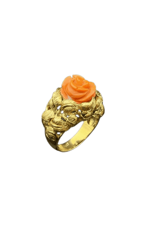 Bague 57 Anello Corallo di Rosa - Bague artisanale en or jaune et corail naturel 58 Facettes anello corallo