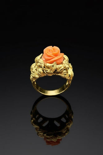 Bague 57 Anello Corallo di Rosa - Bague artisanale en or jaune et corail naturel 58 Facettes anello corallo