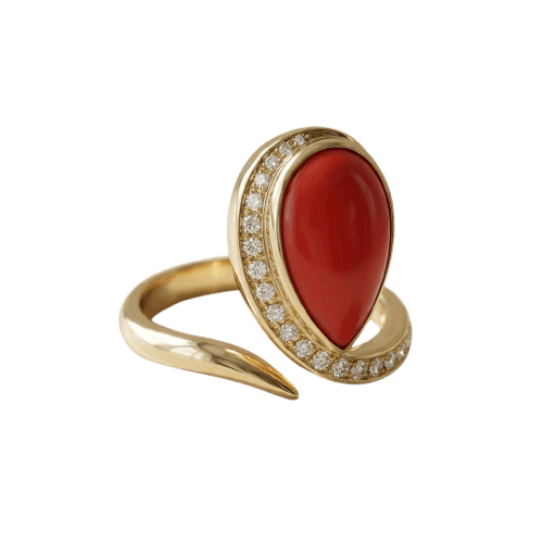 Bague 55 Bague en or jaune 750, corail et 18 brillants 58 Facettes 1853