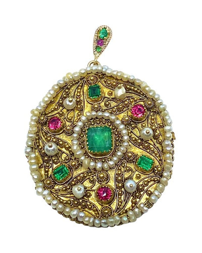 Pendentif Pendentif en or jaune 18 carats avec émeraude et perles 58 Facettes AB678